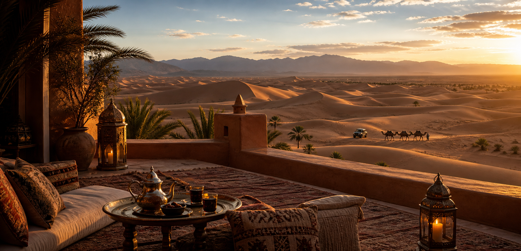 Luxury Moroccan desert lodge terrace overlooking golden dunes and a private route at sunset